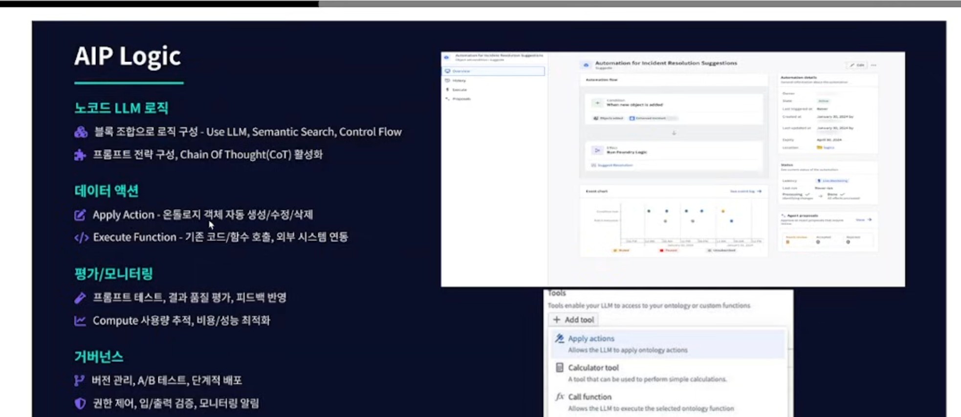 AIP Logic: 노코드 LLM 로직, 데이터 액션, 평가/모니터링, 거버넌스와 Tools 목록